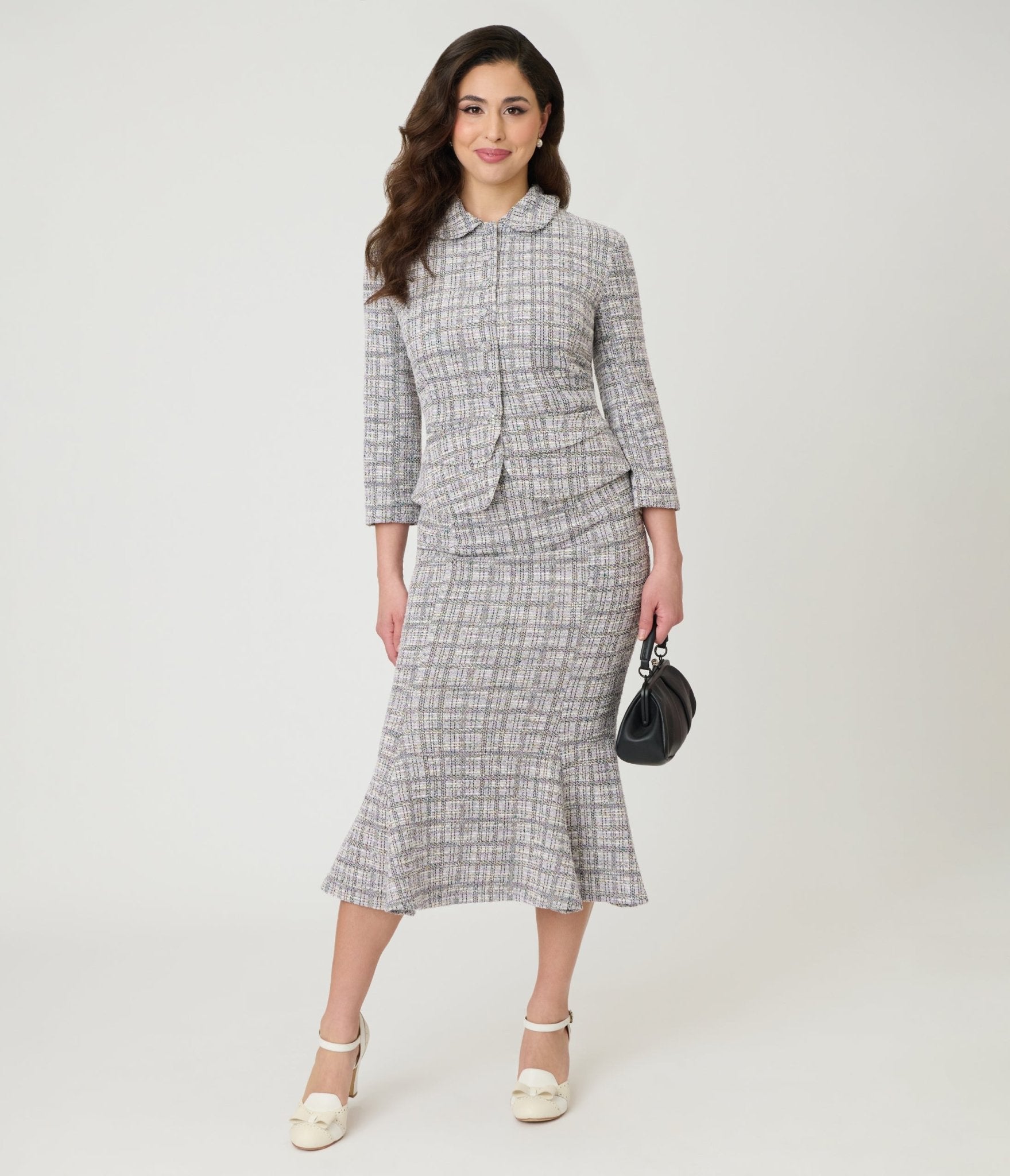 Unique Vintage Lavender Plaid Boucle Trumpet Skirt - Unique Vintage - Womens, BOTTOMS, SKIRTS