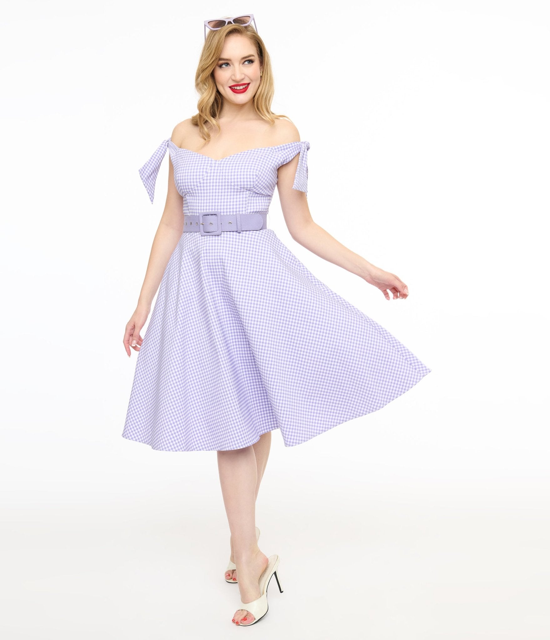 Unique Vintage Lavender & White Gingham Off The Shoulder Swing Dress - Unique Vintage - Womens, DRESSES, SWING