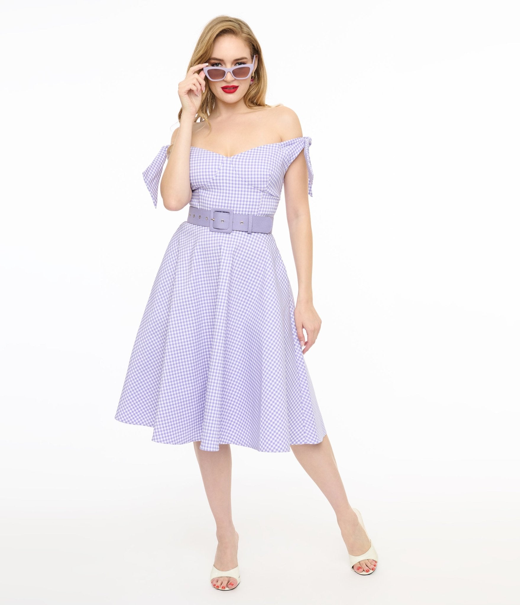 Unique Vintage Lavender & White Gingham Off The Shoulder Swing Dress - Unique Vintage - Womens, DRESSES, SWING