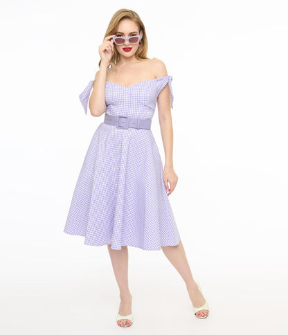 Unique Vintage Lavender & White Gingham Off The Shoulder Swing Dress - Unique Vintage - Womens, DRESSES, SWING