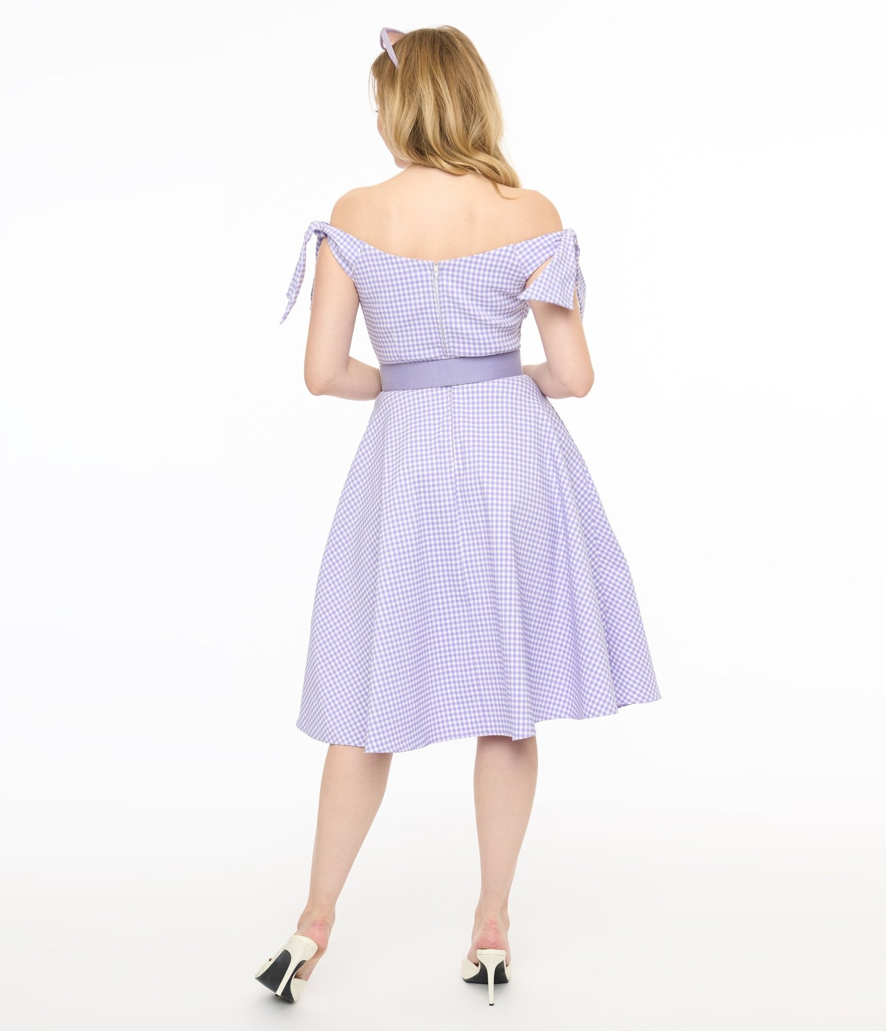 Unique Vintage Lavender & White Gingham Off The Shoulder Swing Dress - Unique Vintage - Womens, DRESSES, SWING