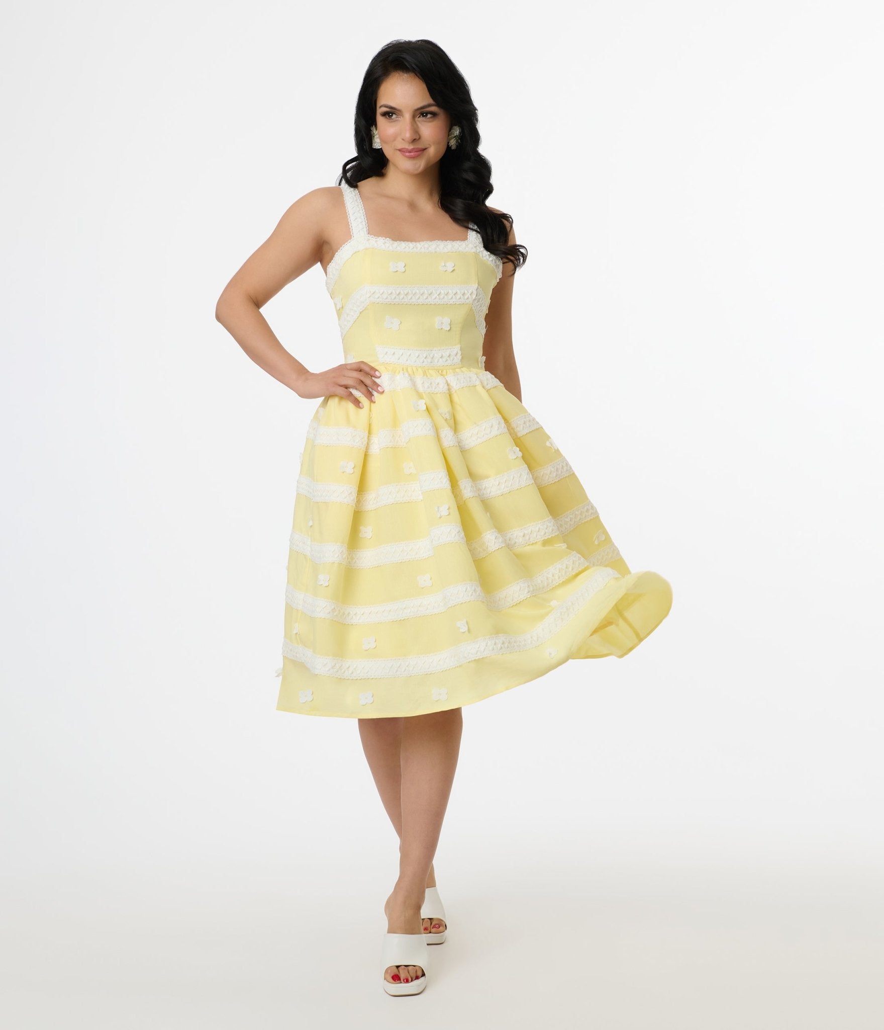 Unique Vintage Lemon Merengue & White Lace Sundress - Unique Vintage - Womens, DRESSES, SWING