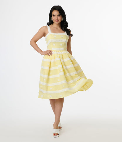 Unique Vintage Lemon Merengue & White Lace Sundress - Unique Vintage - Womens, DRESSES, SWING