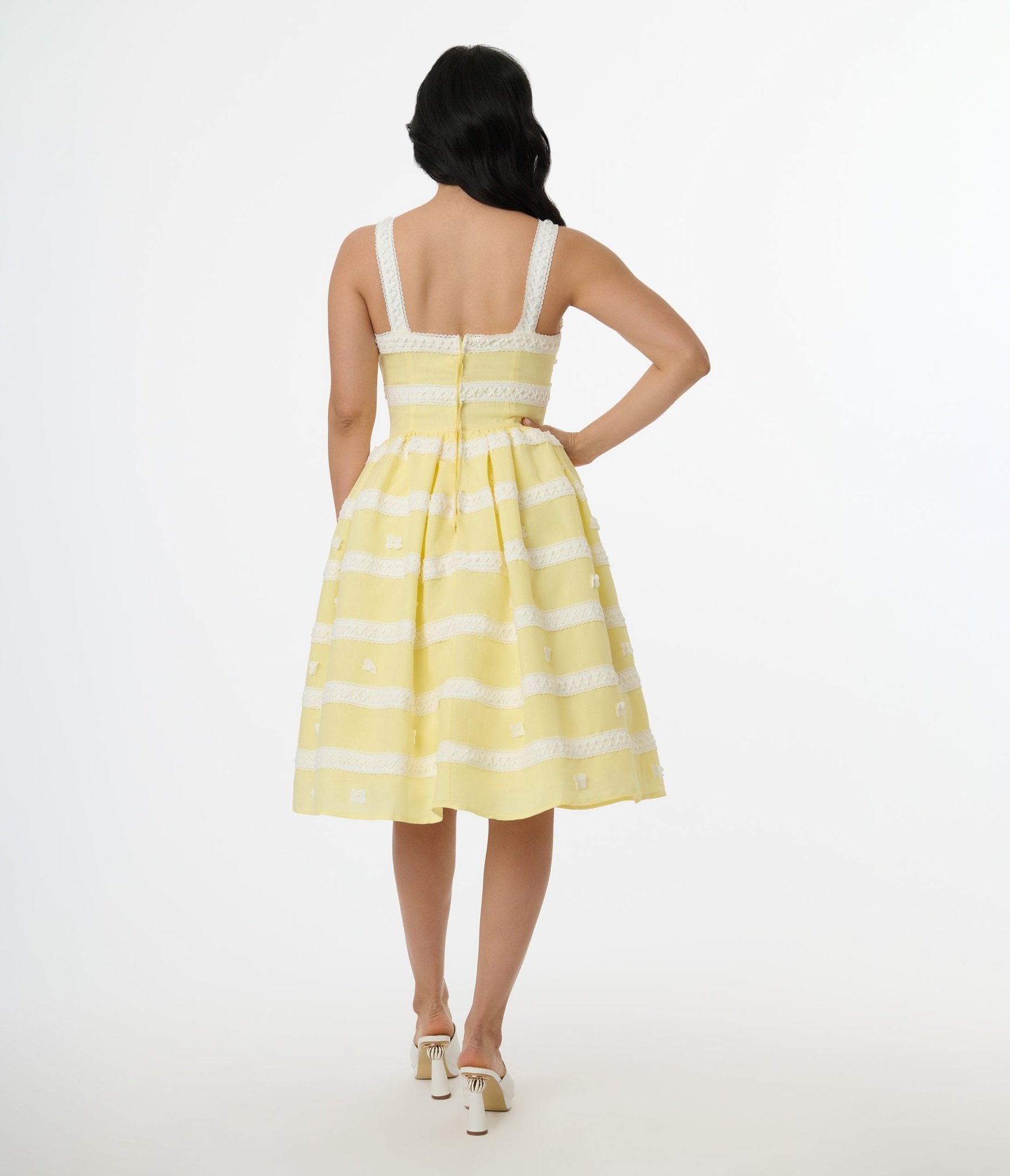 Unique Vintage Lemon Merengue & White Lace Sundress - Unique Vintage - Womens, DRESSES, SWING
