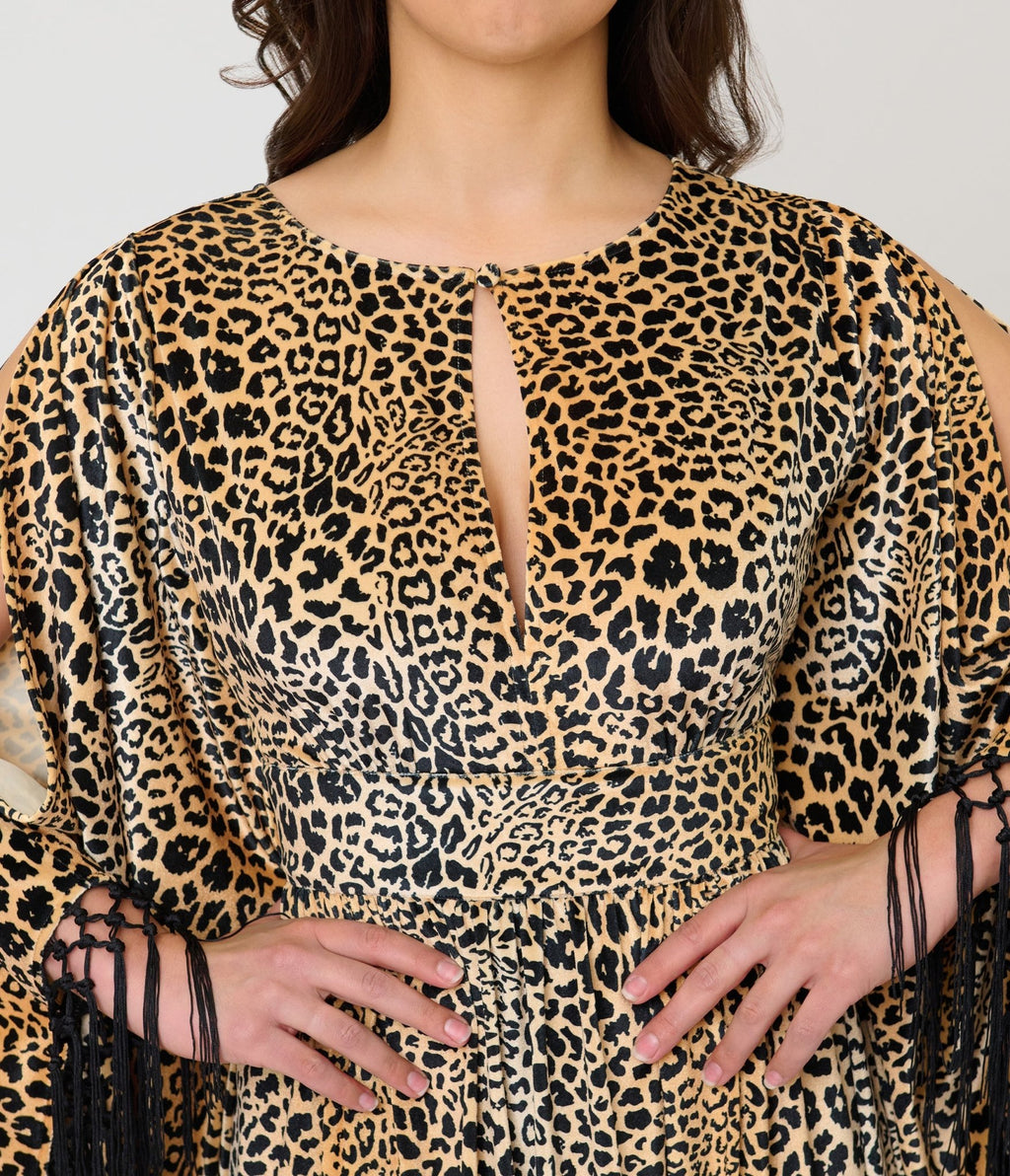Unique Vintage Leopard Print Velvet Fringe Flutter Sleeve Dionne Caftan - Unique Vintage - Womens, DRESSES, MAXI