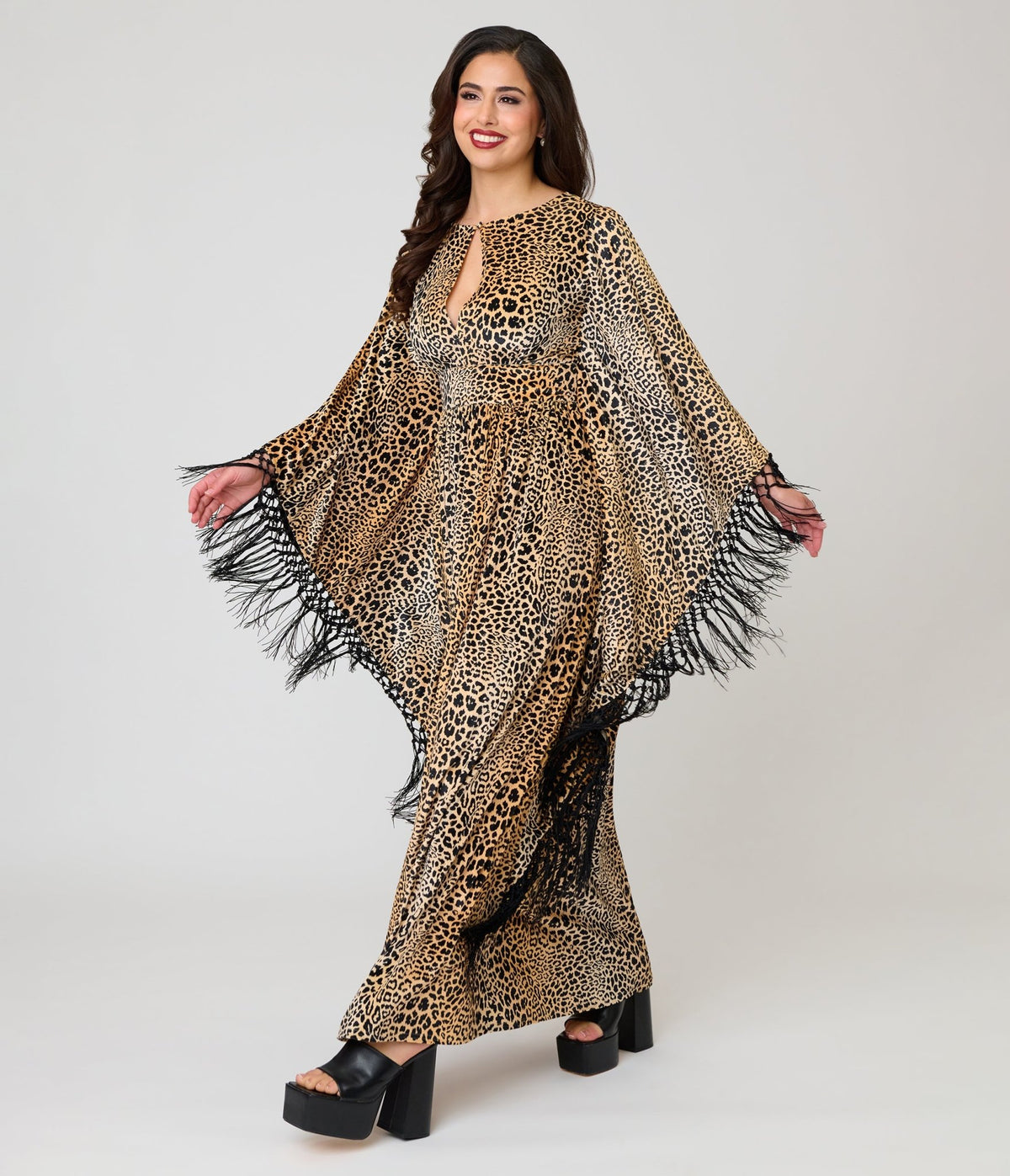 Unique Vintage Leopard Print Velvet Fringe Flutter Sleeve Dionne Caftan - Unique Vintage - Womens, DRESSES, MAXI