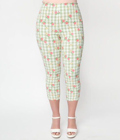 Unique Vintage Light Green Gingham & Peaches Rachelle Capri Pants - Unique Vintage - Womens, BOTTOMS, CAPRI