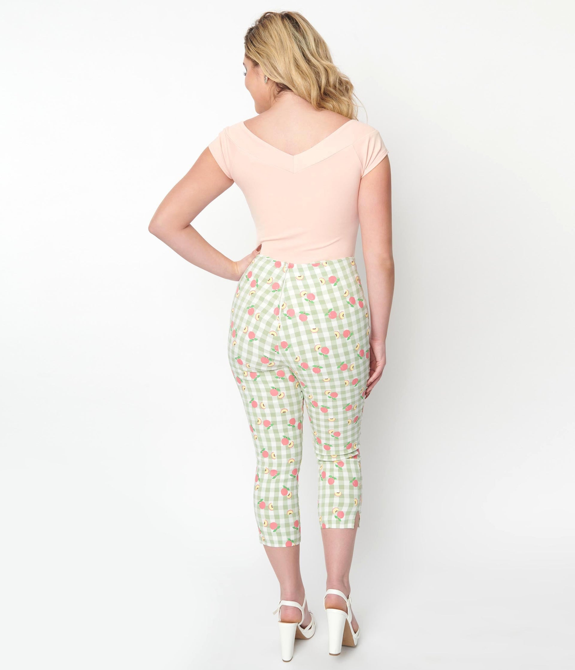 Unique Vintage Light Green Gingham & Peaches Rachelle Capri Pants - Unique Vintage - Womens, BOTTOMS, CAPRI