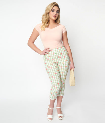 Unique Vintage Light Green Gingham & Peaches Rachelle Capri Pants - Unique Vintage - Womens, BOTTOMS, CAPRI