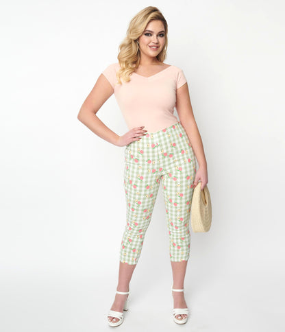 Unique Vintage Light Green Gingham & Peaches Rachelle Capri Pants - Unique Vintage - Womens, BOTTOMS, CAPRI