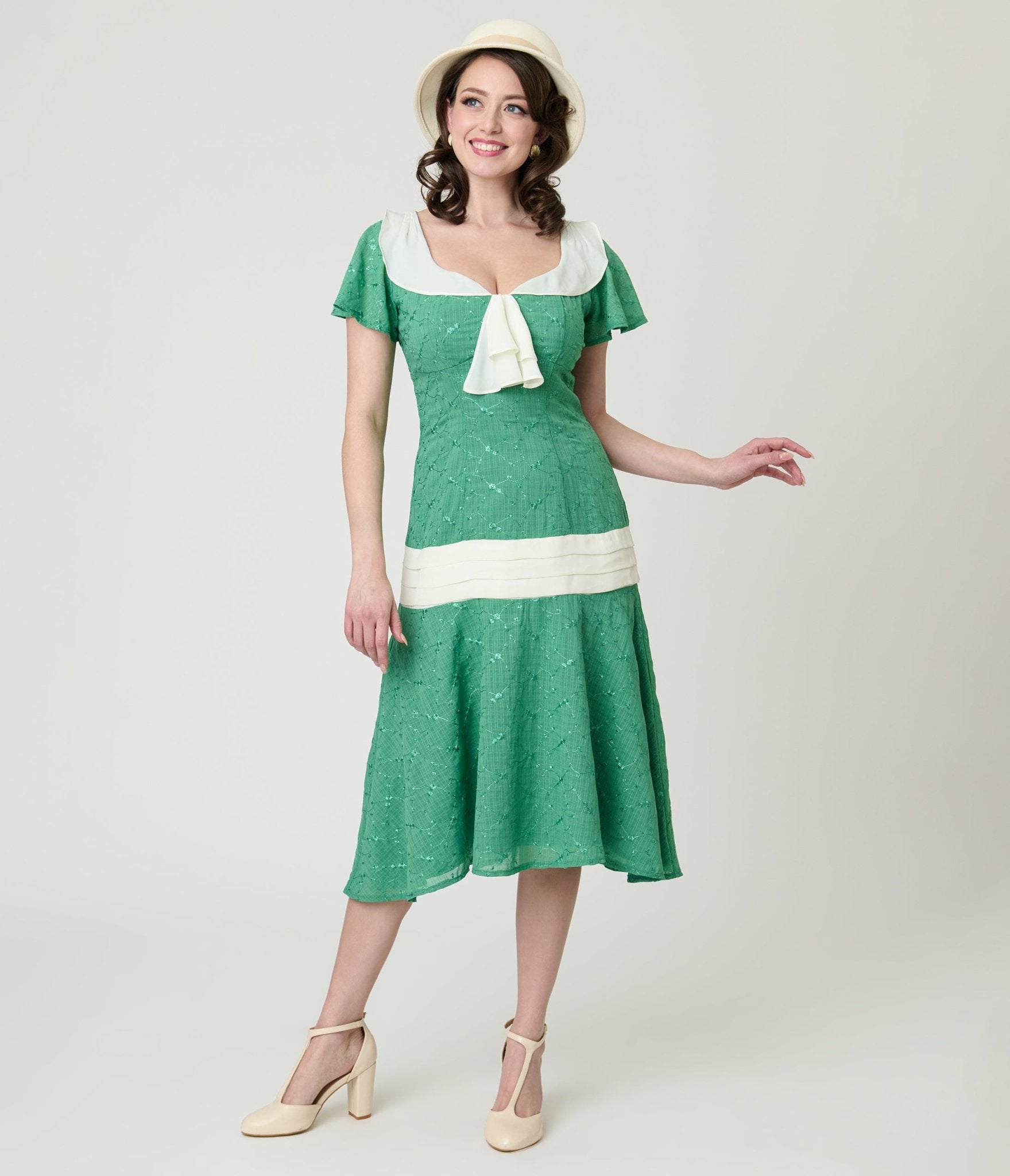 Unique Vintage Light Green & Ivory Wilshire Flapper Dress - Unique Vintage - Womens, FLAPPER, DRESSES