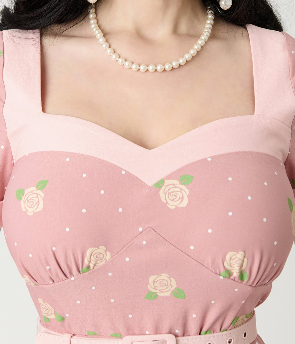 Unique Vintage Light Pink & Roses Swing Dress