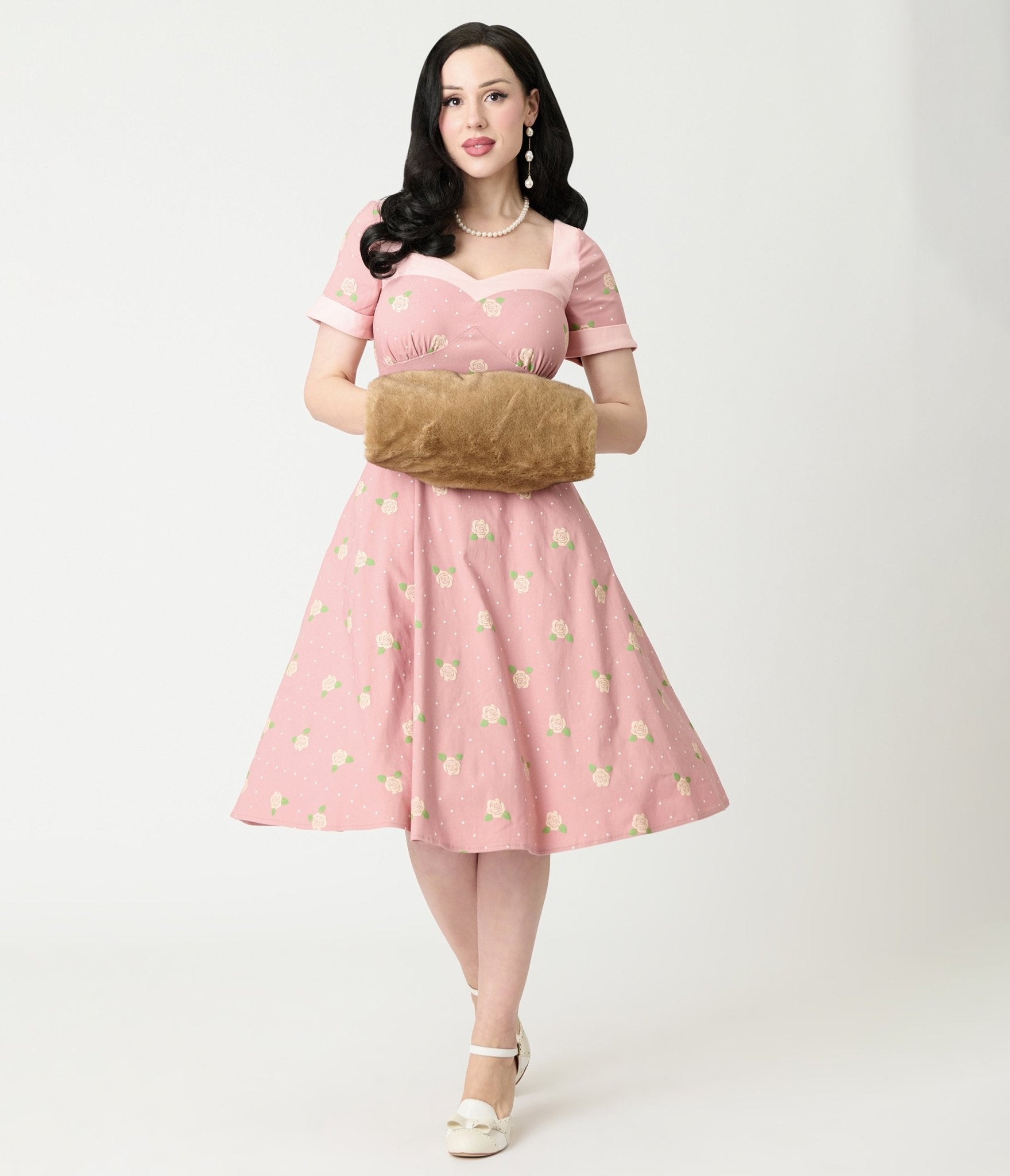 Unique Vintage Light Pink & Roses Swing Dress