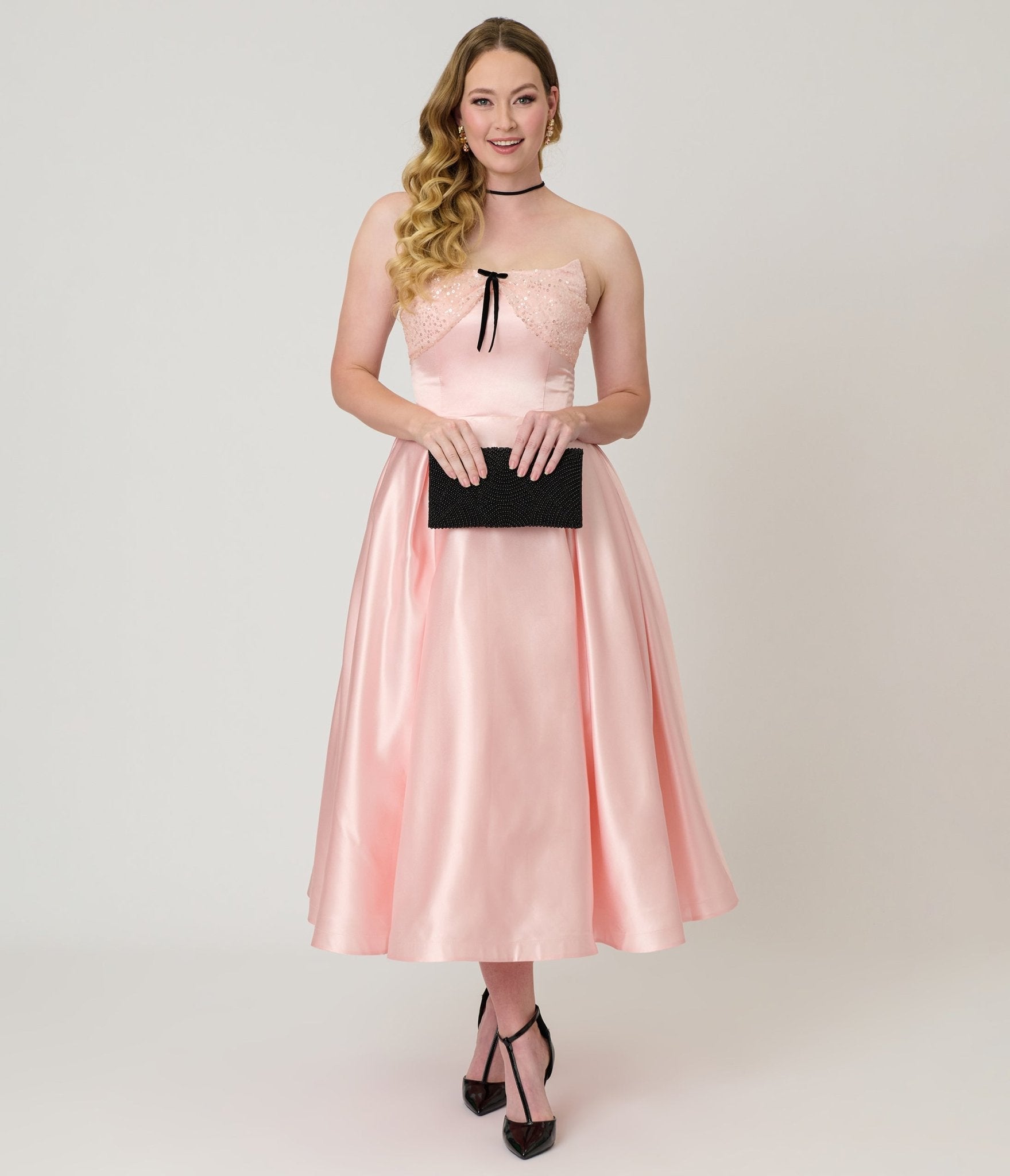 Unique Vintage Light Pink Satin Strapless Corset Tea Length Gown
