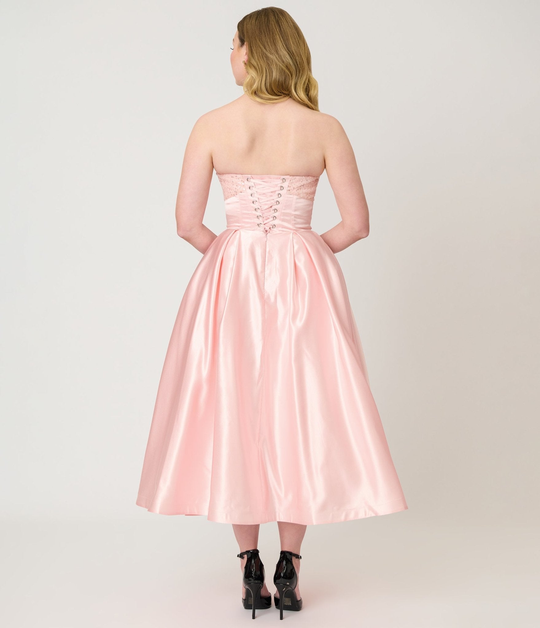Unique Vintage Light Pink Satin Strapless Corset Tea Length Gown Unique Vintage Light Pink Satin Strapless Corset Tea Length Gown
