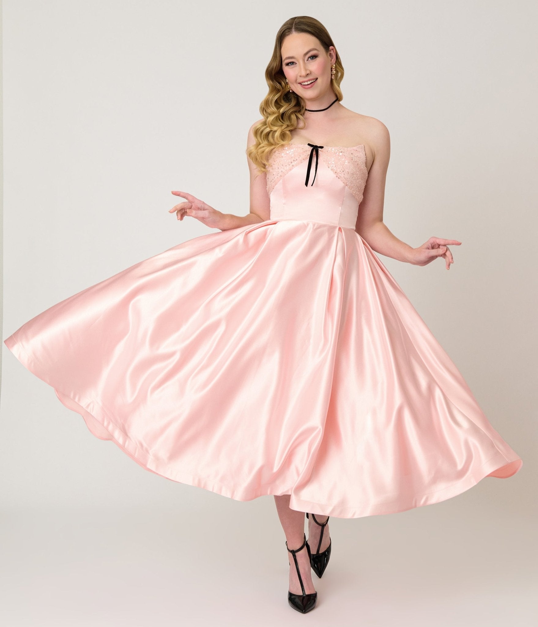 Unique Vintage Light Pink Satin Strapless Corset Tea Length Gown Unique Vintage Light Pink Satin Strapless Corset Tea Length Gown