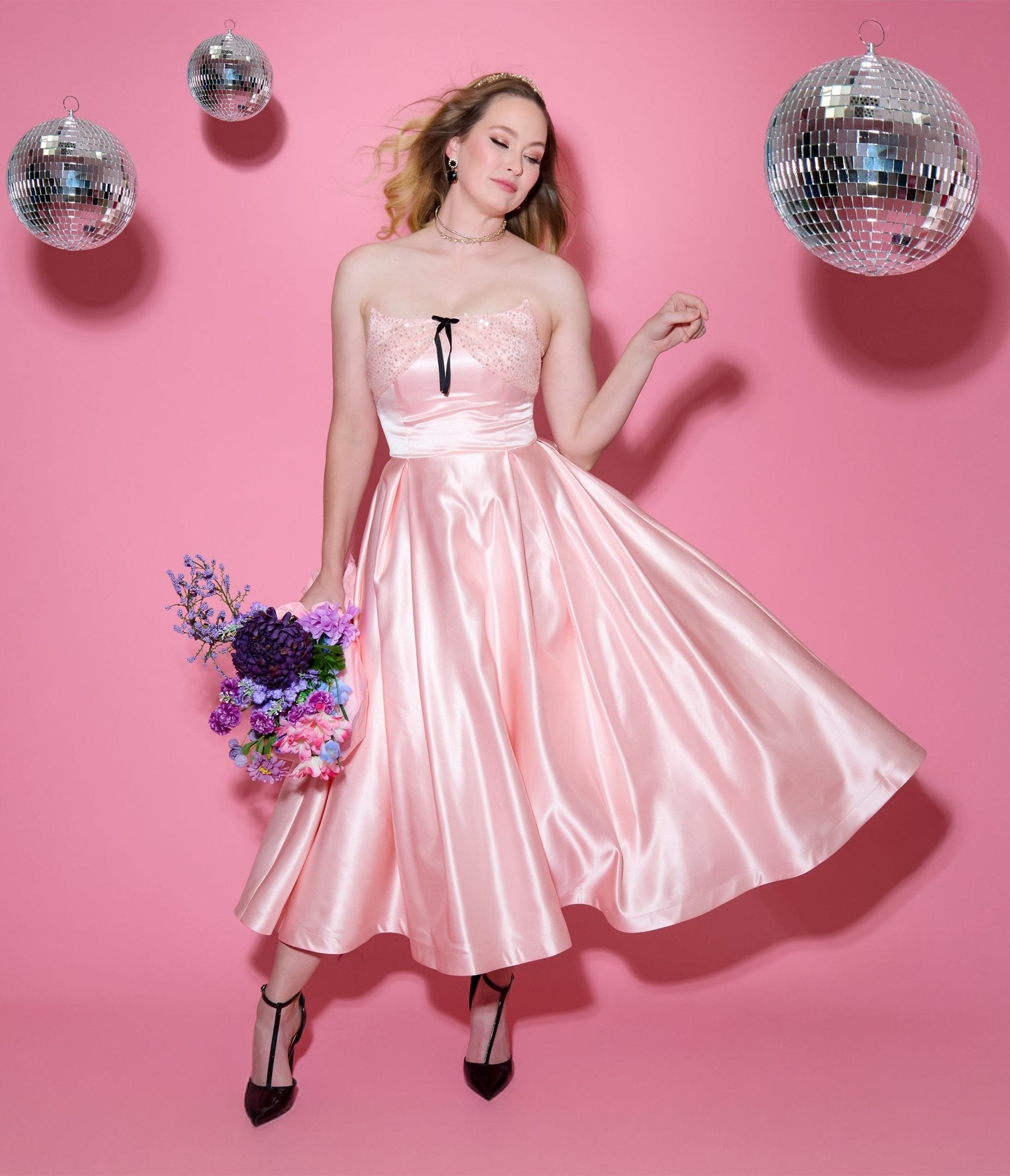 Unique Vintage Light Pink Satin Strapless Corset Tea Length Gown Unique Vintage Light Pink Satin Strapless Corset Tea Length Gown