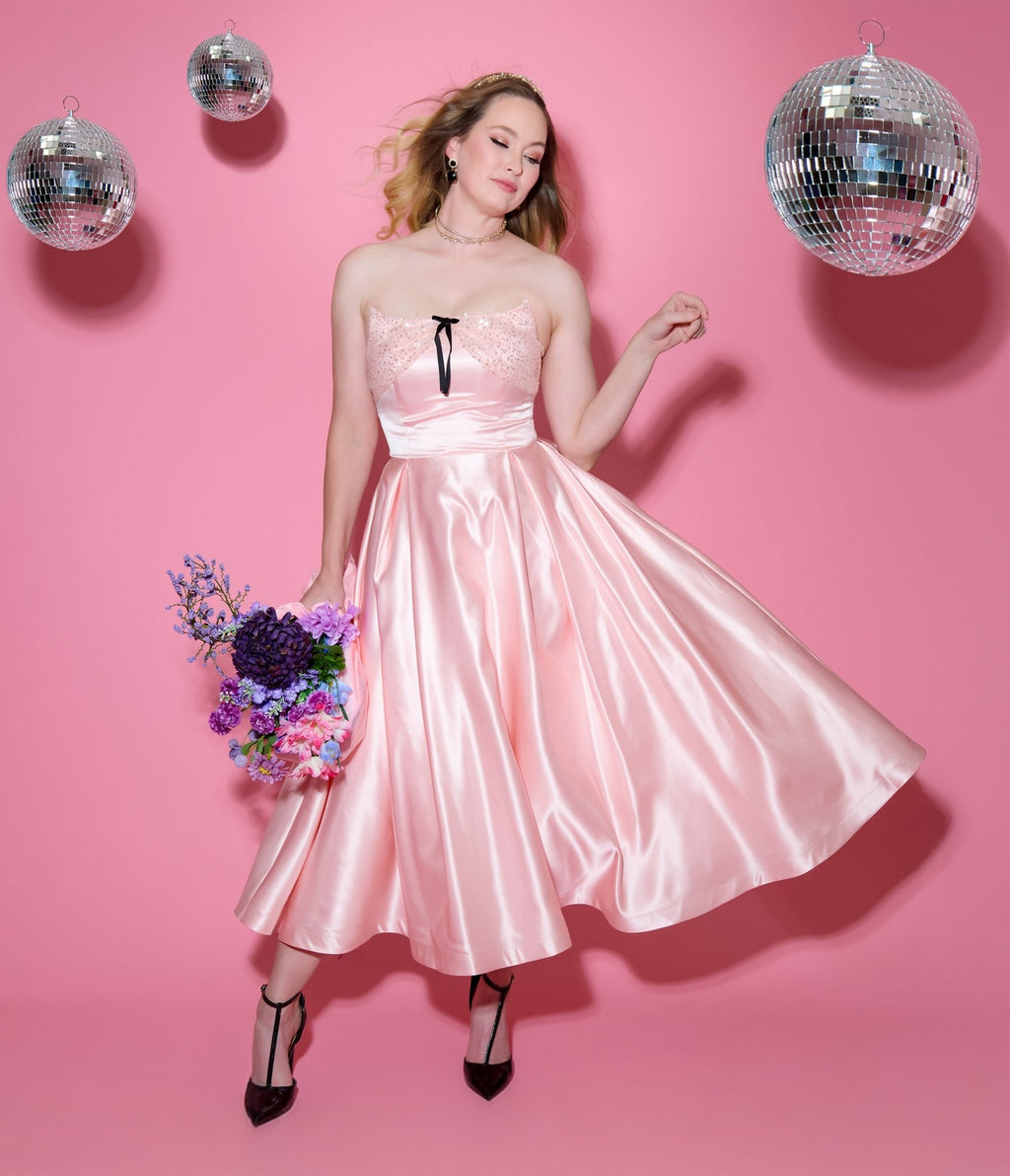 Unique Vintage Light Pink Satin Strapless Corset Tea Length Gown