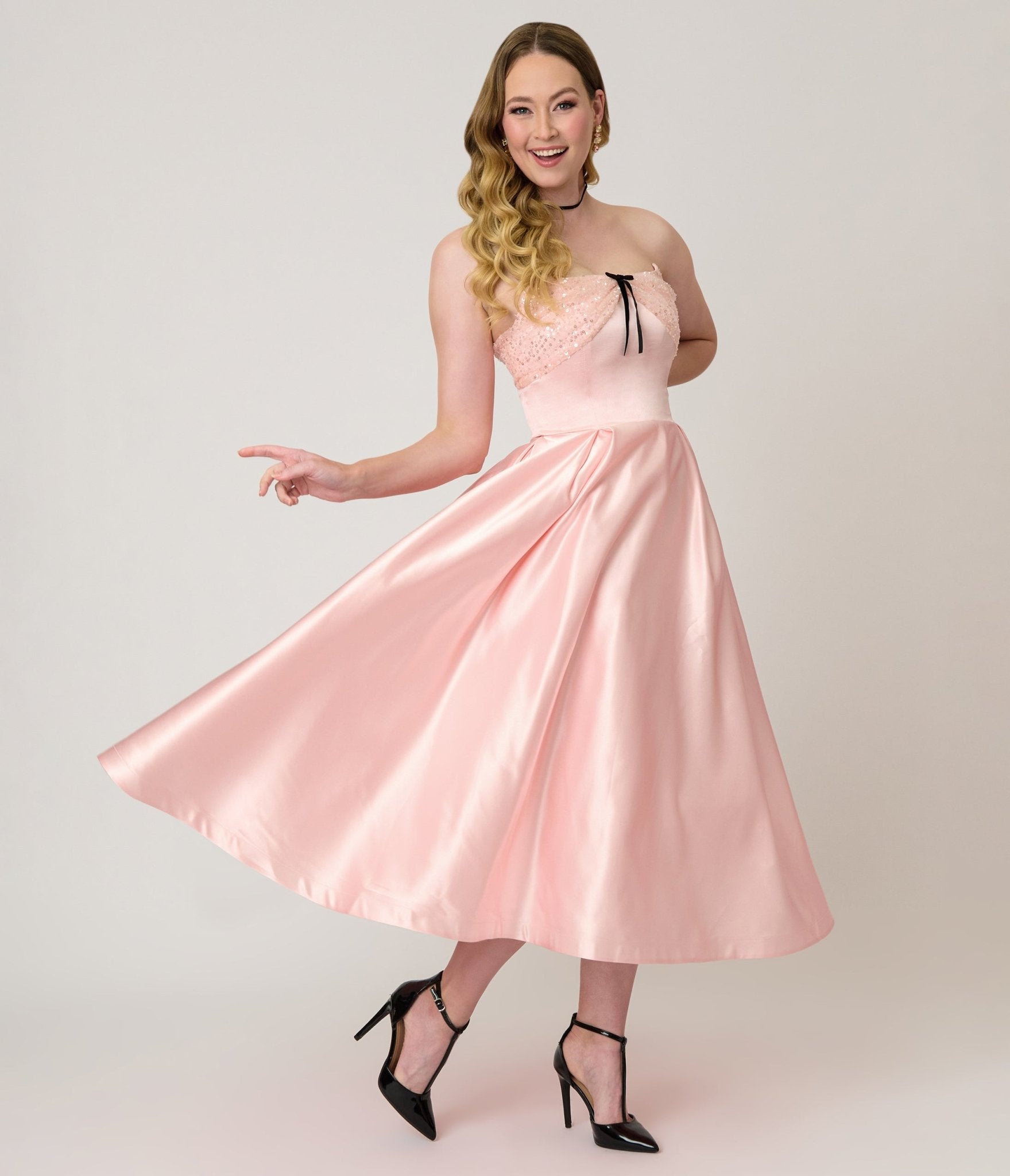 Unique Vintage Light Pink Satin Strapless Corset Tea Length Gown