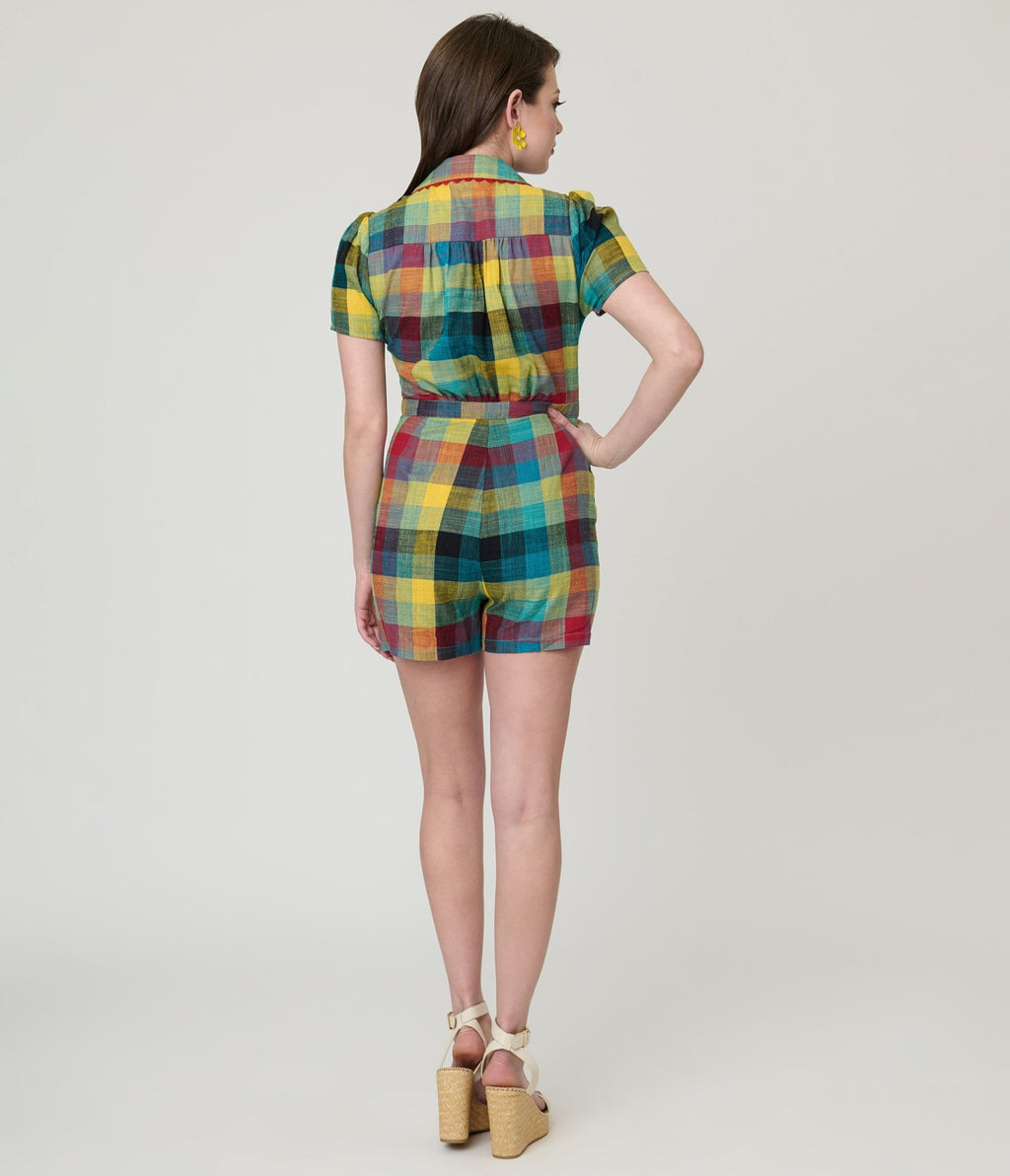 Unique Vintage Madras Plaid Button Up Romper - Unique Vintage - Womens, BOTTOMS, ROMPERS AND JUMPSUITS