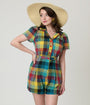 Unique Vintage Madras Plaid Button Up Romper