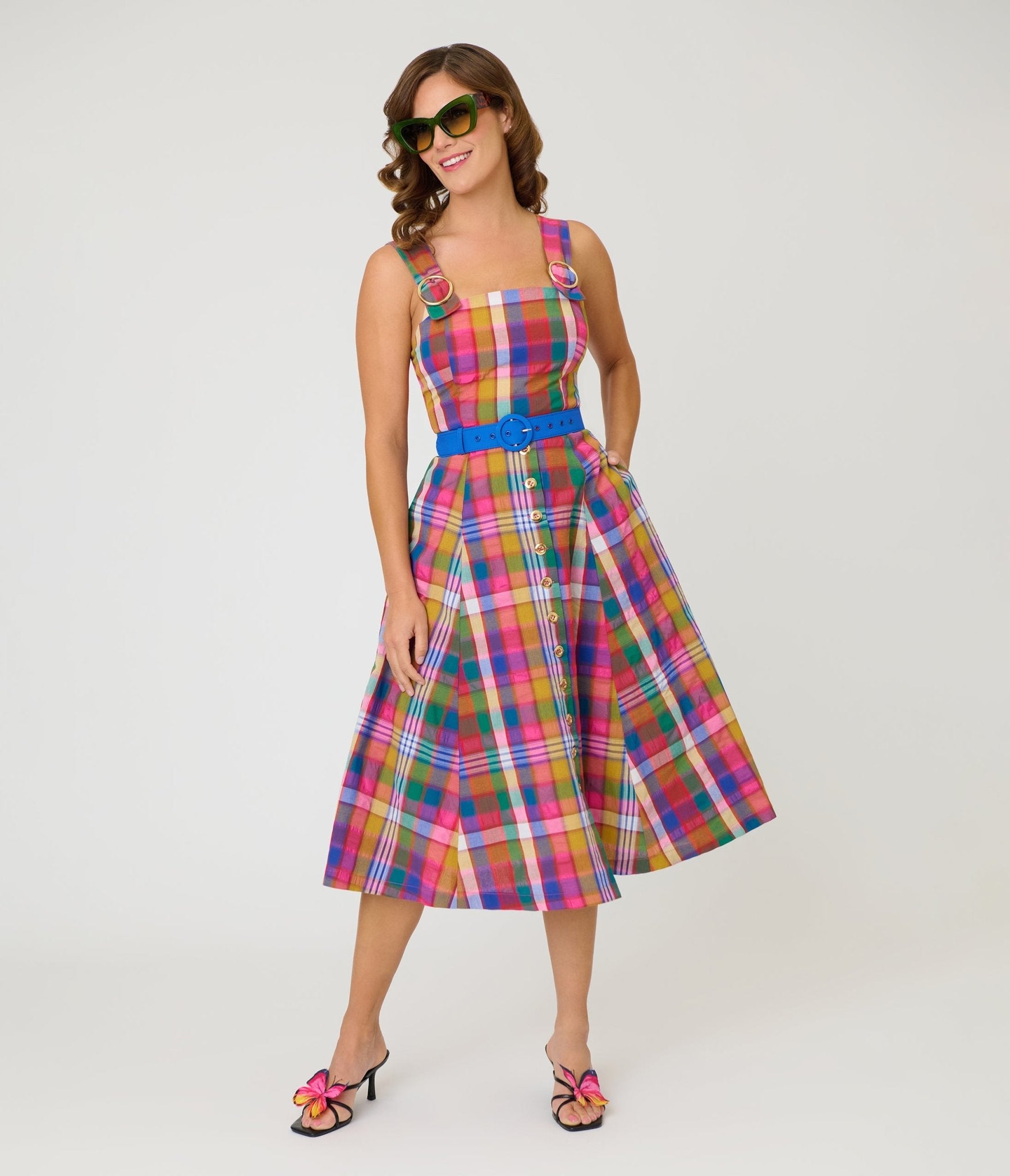 Unique Vintage Madras Plaid Picnic Perfect Midi Dress M/8-10