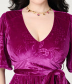 Unique Vintage Magenta Velvet Embossed Snake Flutter Sleeve Lenora Swing Dress - Unique Vintage - Womens, DRESSES, SWING