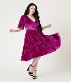 Unique Vintage Magenta Velvet Embossed Snake Flutter Sleeve Lenora Swing Dress - Unique Vintage - Womens, DRESSES, SWING