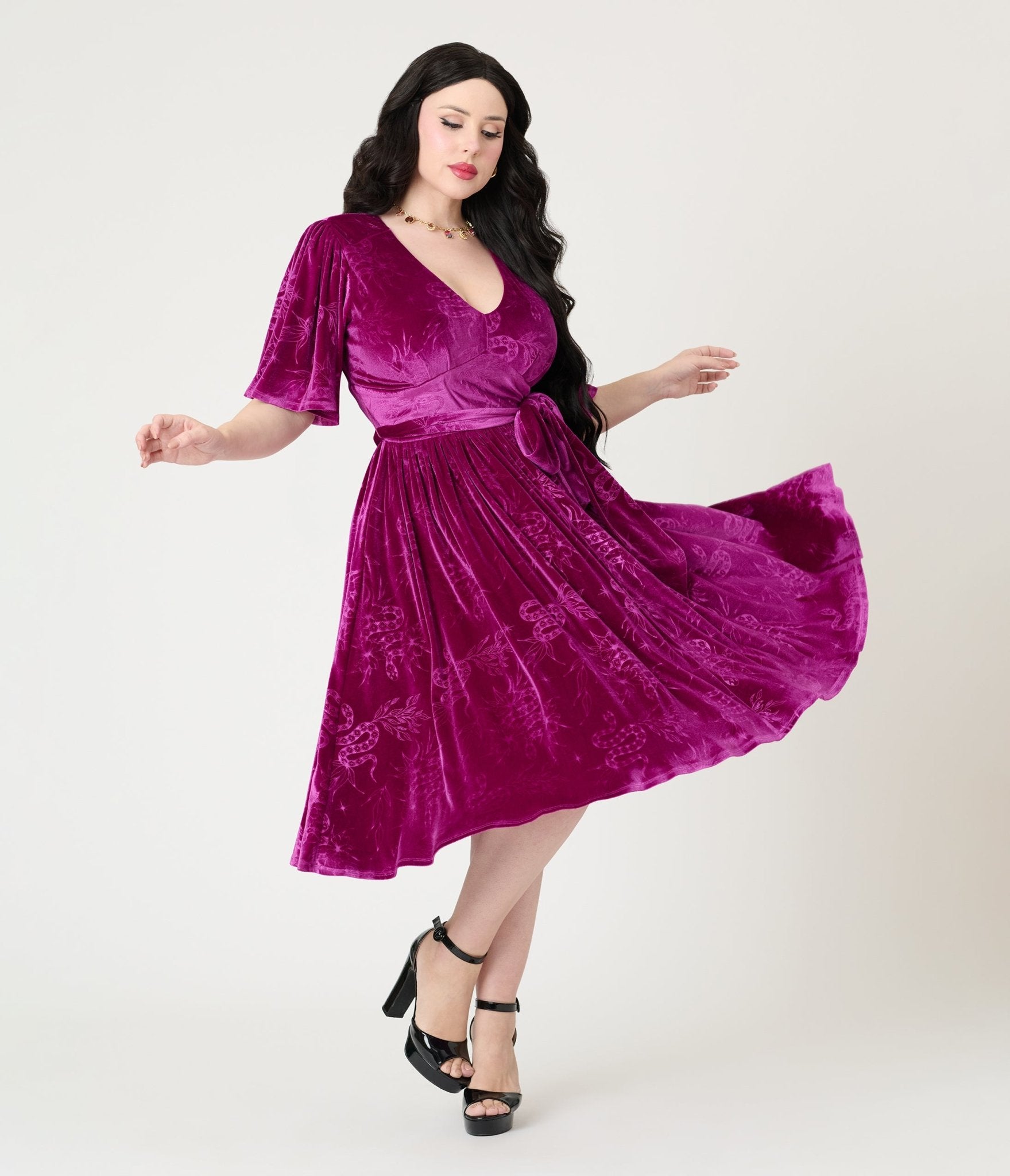 Unique Vintage Magenta Velvet Embossed Snake Flutter Sleeve Lenora Swing Dress - Unique Vintage - Womens, DRESSES, SWING