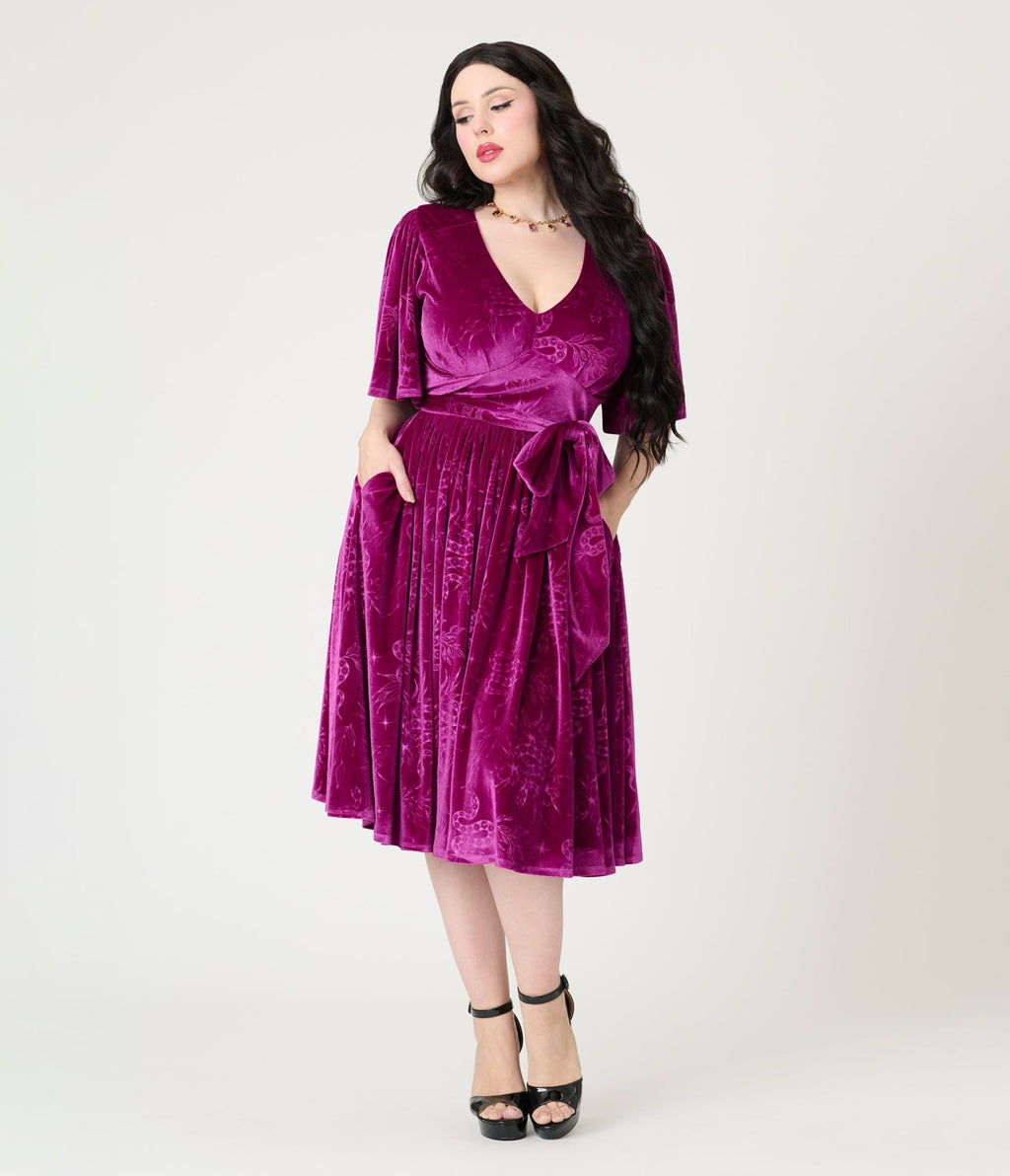 Unique Vintage Magenta Velvet Embossed Snake Flutter Sleeve Lenora Swing Dress - Unique Vintage - Womens, DRESSES, SWING