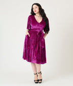Unique Vintage Magenta Velvet Embossed Snake Flutter Sleeve Lenora Swing Dress - Unique Vintage - Womens, DRESSES, SWING