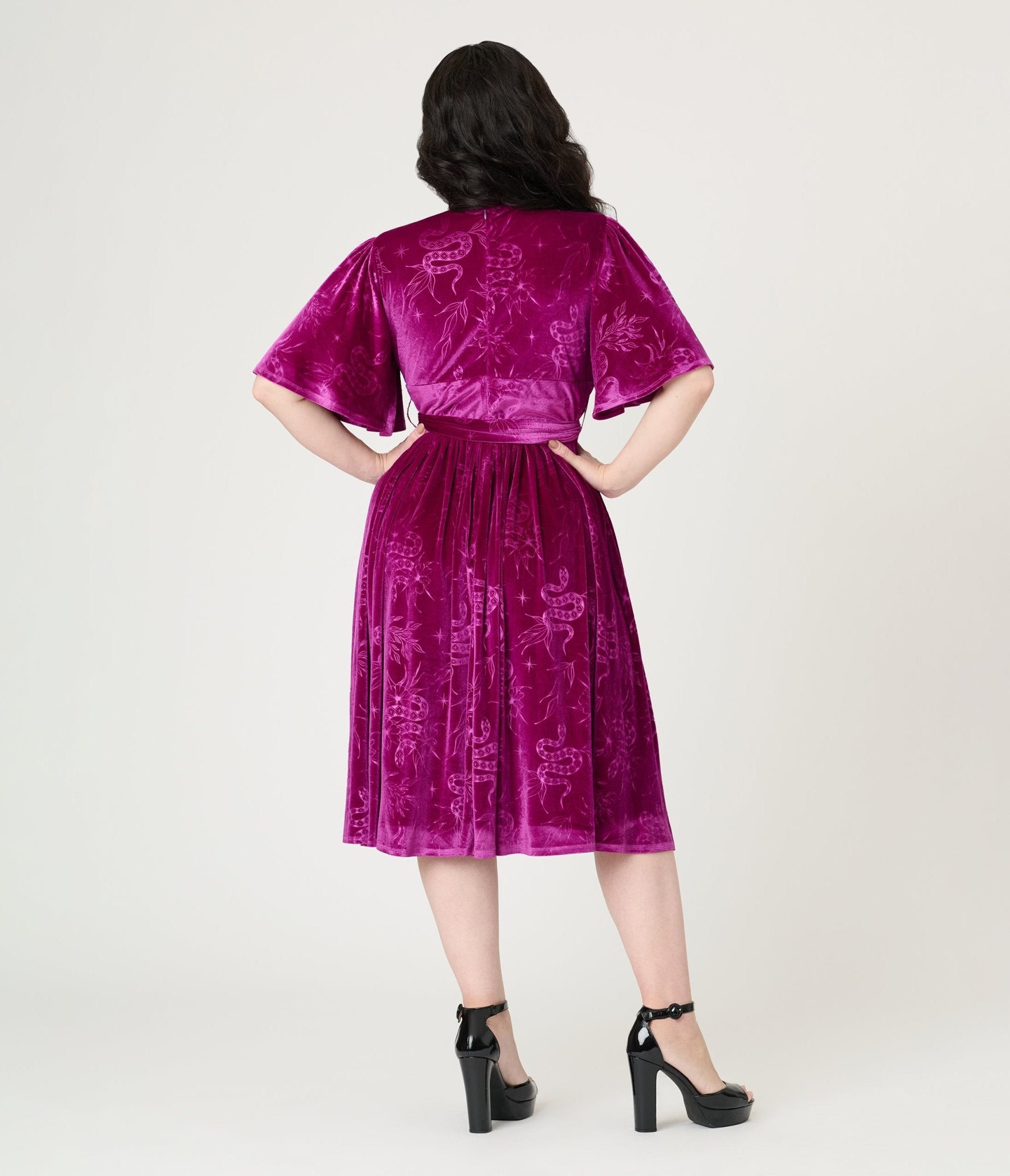 Unique Vintage Magenta Velvet Embossed Snake Flutter Sleeve Lenora Swing Dress - Unique Vintage - Womens, DRESSES, SWING