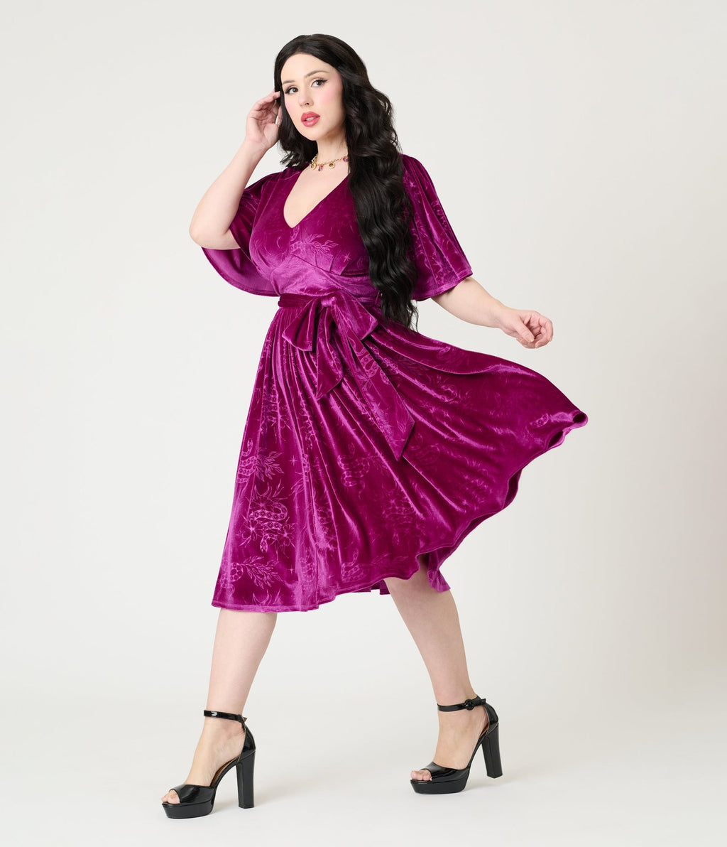 Unique Vintage Magenta Velvet Embossed Snake Flutter Sleeve Lenora Swing Dress - Unique Vintage - Womens, DRESSES, SWING