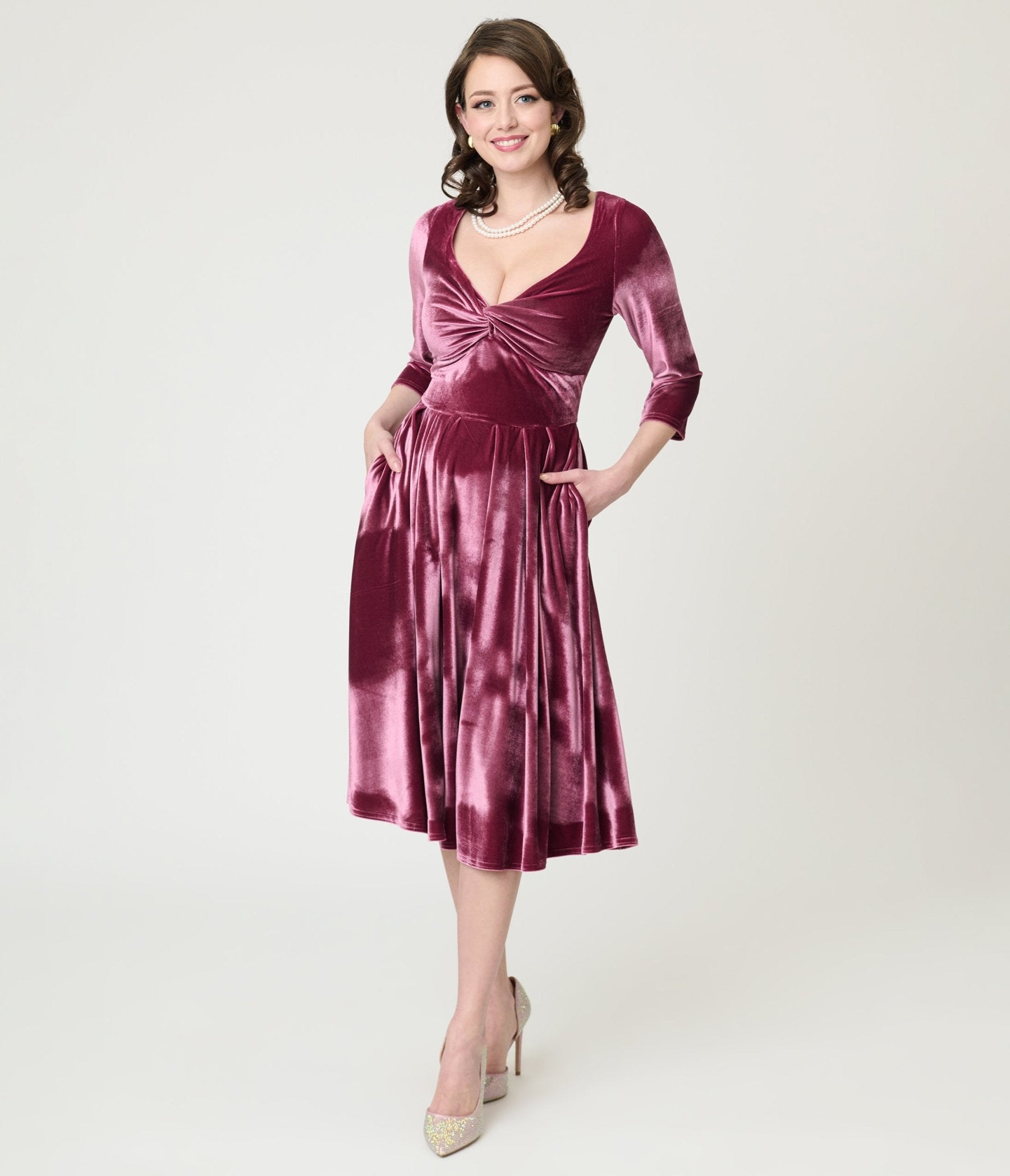 Unique Vintage Mauve Velvet Front Twist Swing Dress - Unique Vintage - Womens, DRESSES, SWING