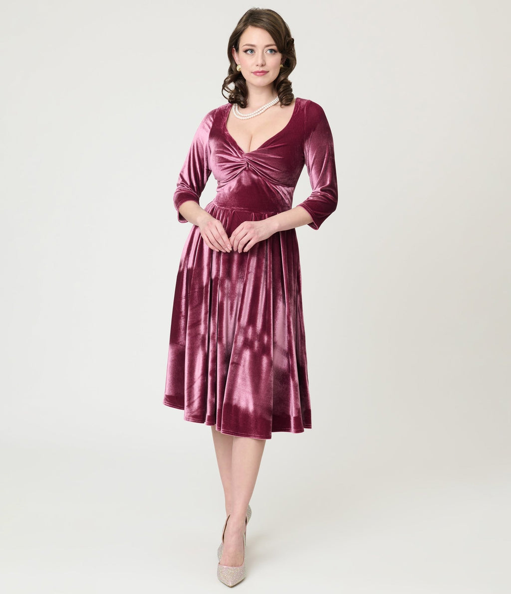 Unique Vintage Mauve Velvet Front Twist Swing Dress - Unique Vintage - Womens, DRESSES, SWING