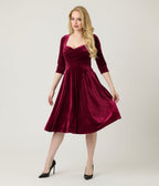 Unique Vintage Merlot Striped Velvet Pleated Bust Swing Dress - Unique Vintage - Womens, DRESSES, SWING