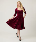 Unique Vintage Merlot Striped Velvet Pleated Bust Swing Dress - Unique Vintage - Womens, DRESSES, SWING
