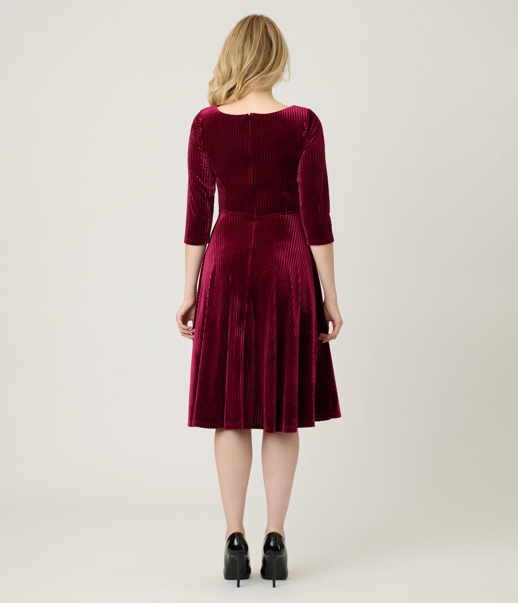 Unique Vintage Merlot Striped Velvet Pleated Bust Swing Dress Unique Vintage Merlot Striped Velvet Pleated Bust Swing Dress