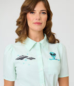 Unique Vintage Mint Alien & UFO Collared Blouse - Unique Vintage - Womens, TOPS, WOVEN TOPS