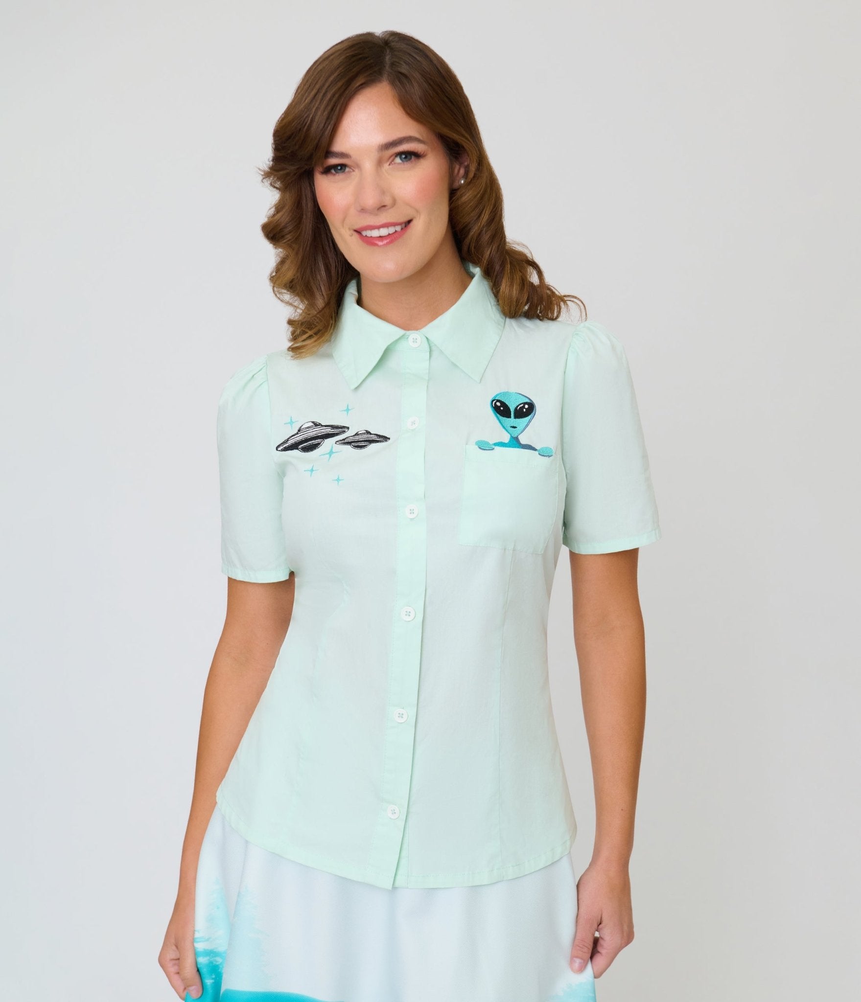 Unique Vintage Mint Alien & UFO Collared Blouse - Unique Vintage - Womens, TOPS, WOVEN TOPS