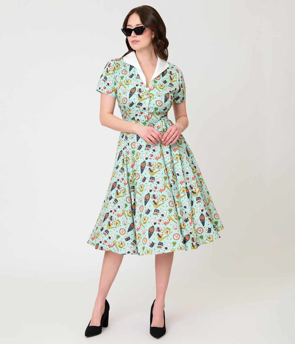 Unique Vintage Mint Sushi Print Shirt Dress - Unique Vintage - Womens, DRESSES, SWING