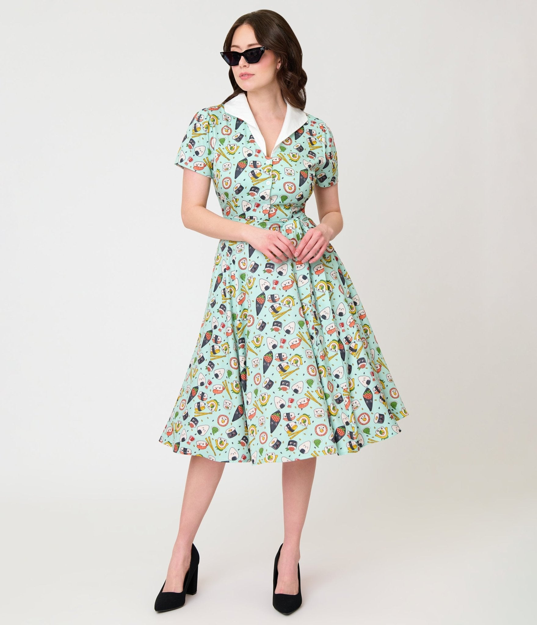 Unique Vintage Mint Sushi Print Shirt Dress - Unique Vintage - Womens, DRESSES, SWING