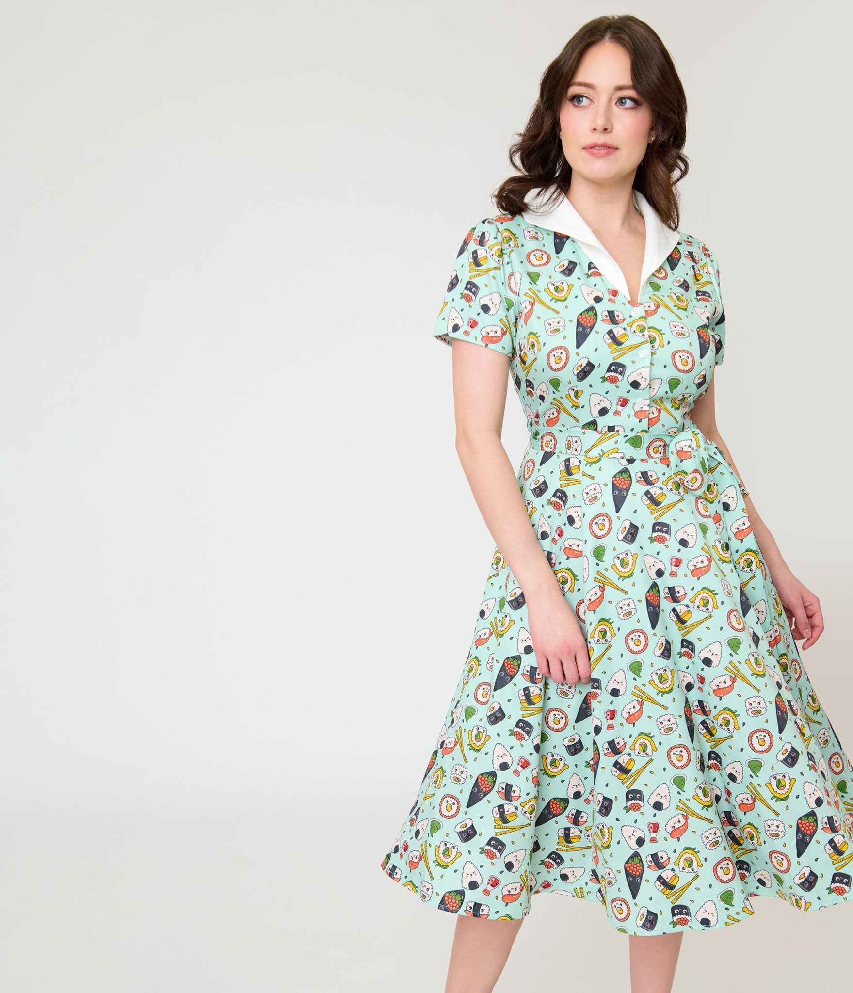 Unique Vintage Mint Sushi Print Shirt Dress