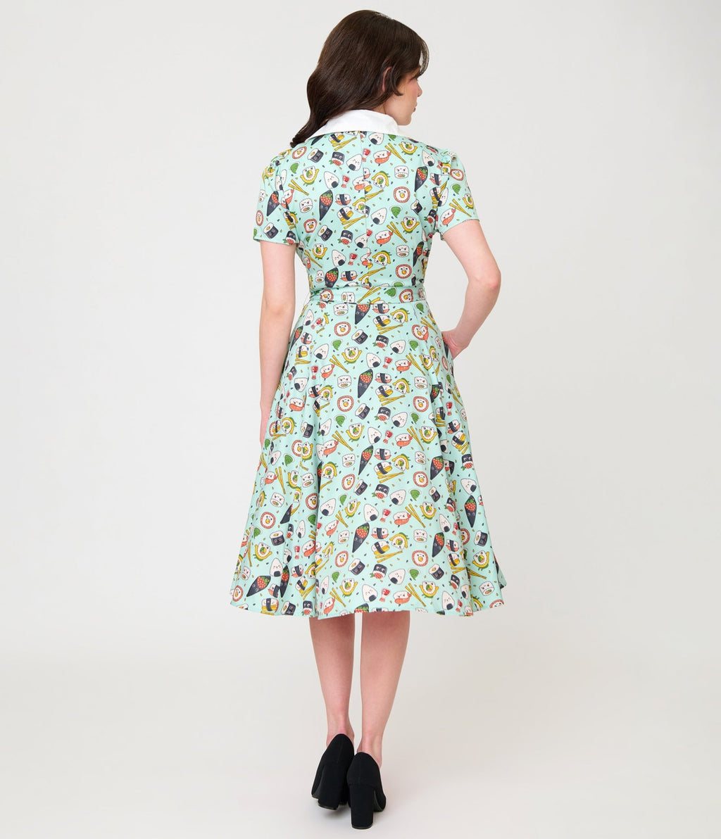 Unique Vintage Mint Sushi Print Shirt Dress - Unique Vintage - Womens, DRESSES, SWING