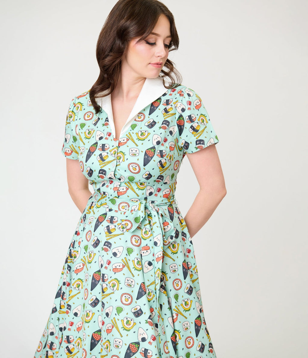 Unique Vintage Mint Sushi Print Shirt Dress - Unique Vintage - Womens, DRESSES, SWING