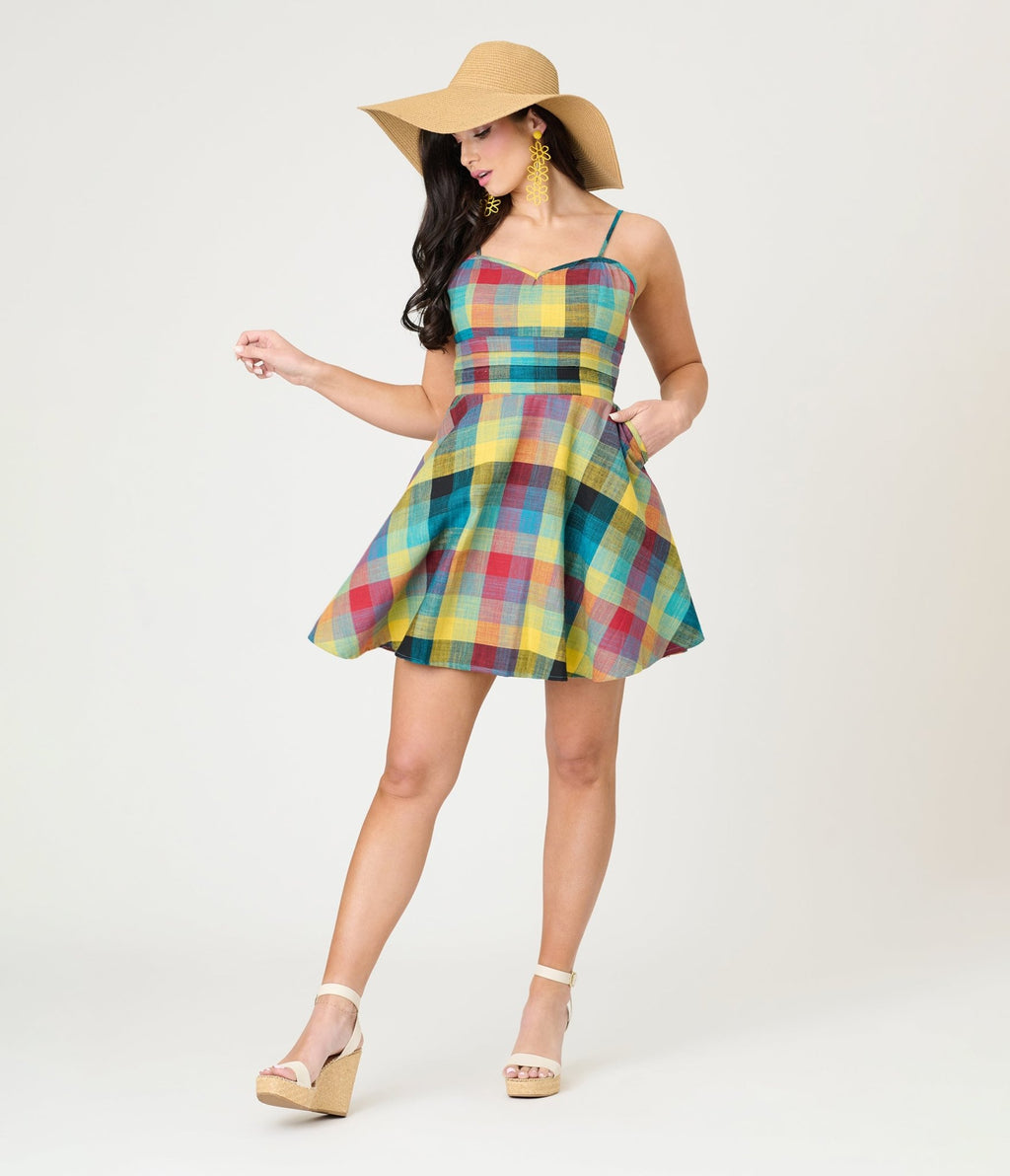 Unique Vintage Multicolor Plaid Cotton Flare Dress Unique Vintage Multicolor Plaid Cotton Flare Dress