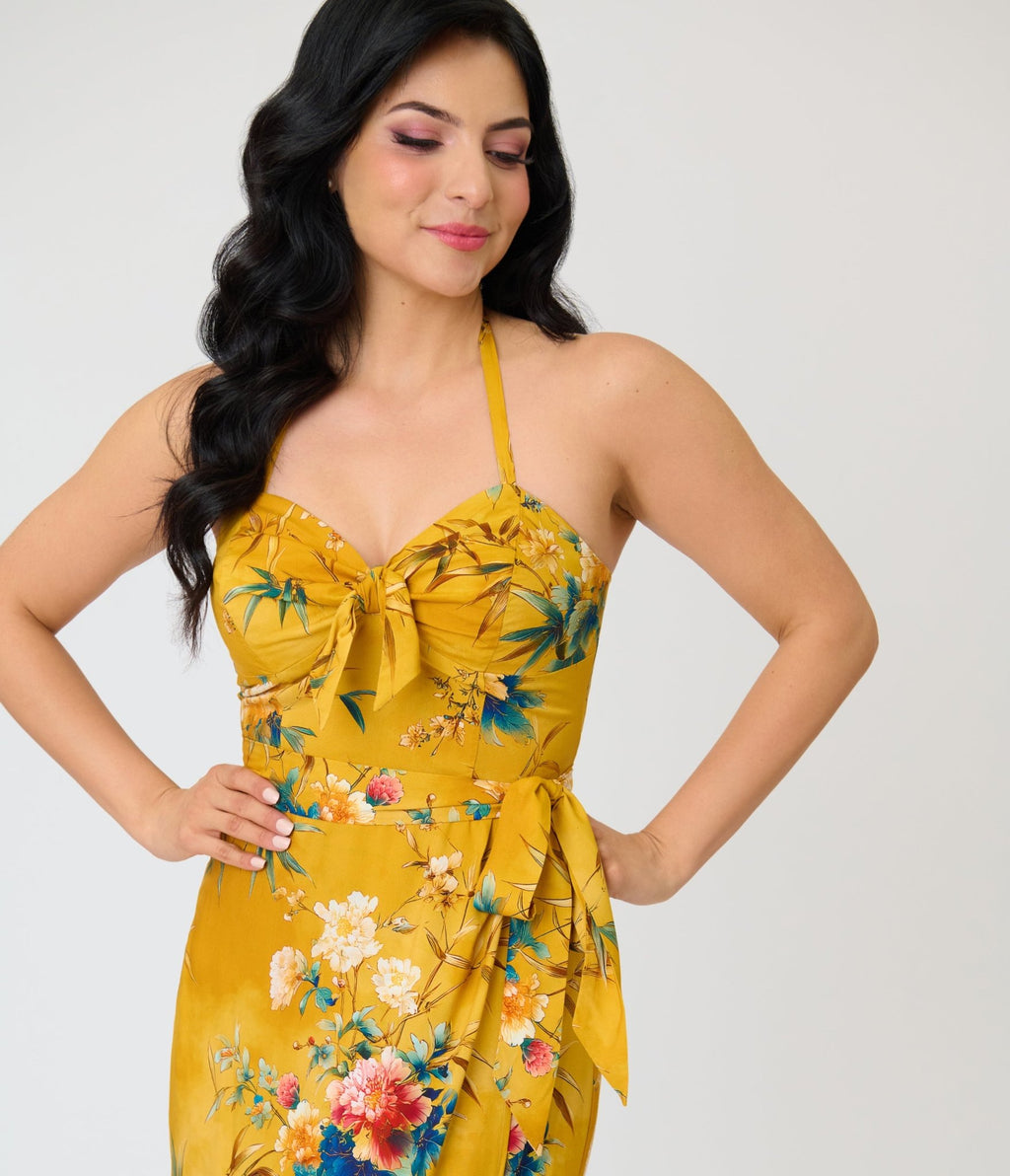 Unique Vintage Mustard Floral Leilani Sarong Dress - Unique Vintage - Womens, DRESSES, WIGGLE