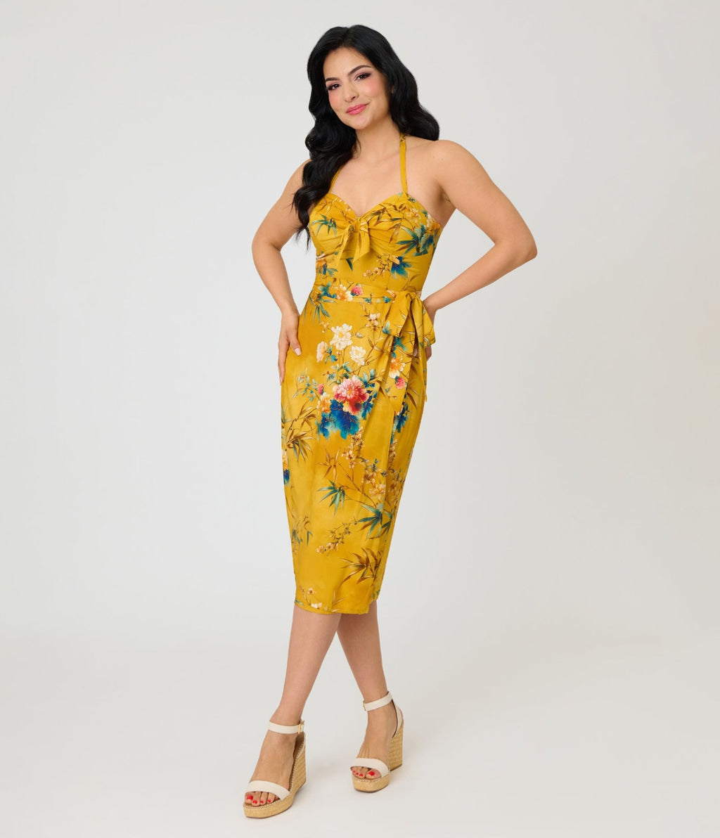 Unique Vintage Mustard Floral Leilani Sarong Dress - Unique Vintage - Womens, DRESSES, WIGGLE