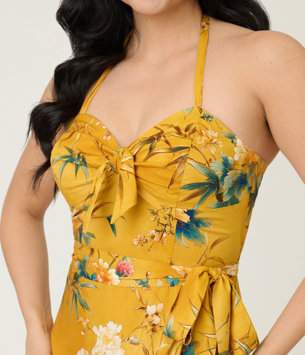 Unique Vintage Mustard Floral Leilani Sarong Dress - Unique Vintage - Womens, DRESSES, WIGGLE