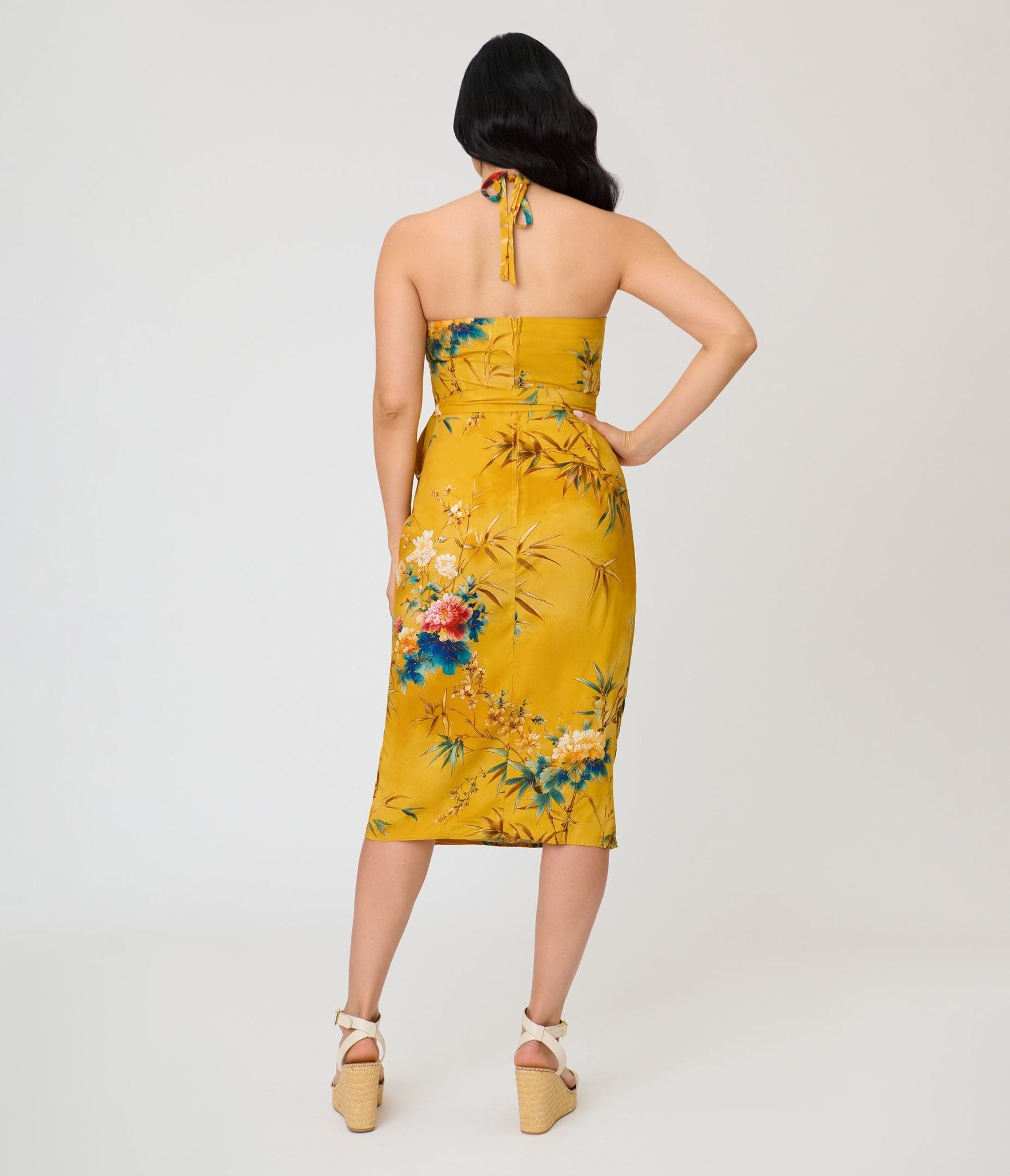 Unique Vintage Mustard Floral Leilani Sarong Dress S/4-6 Unique Vintage Mustard Floral Leilani Sarong Dress S/4-6